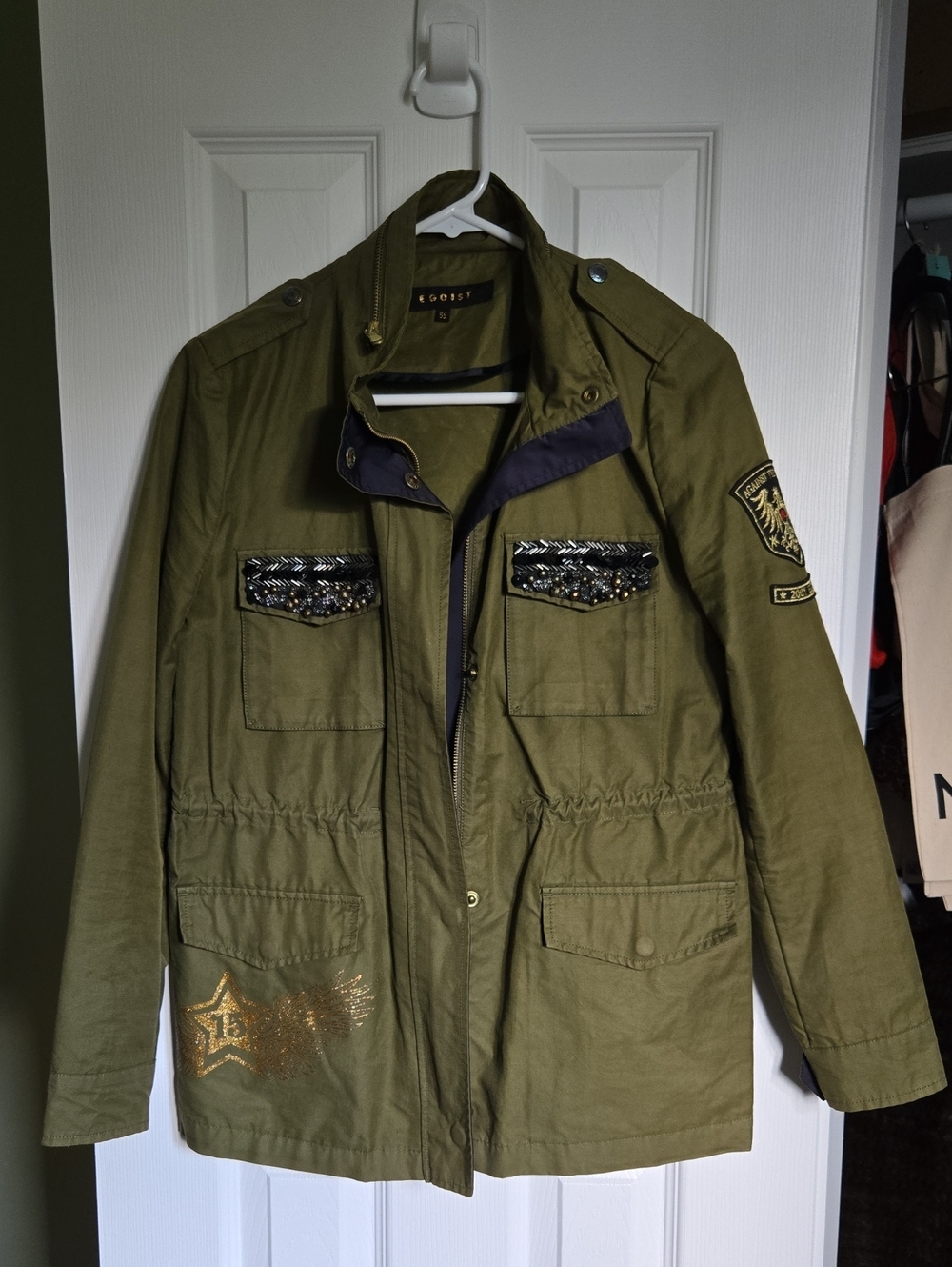 Olive Green Military Field Jacket with Embellished Pockets - Picture 2 of 7